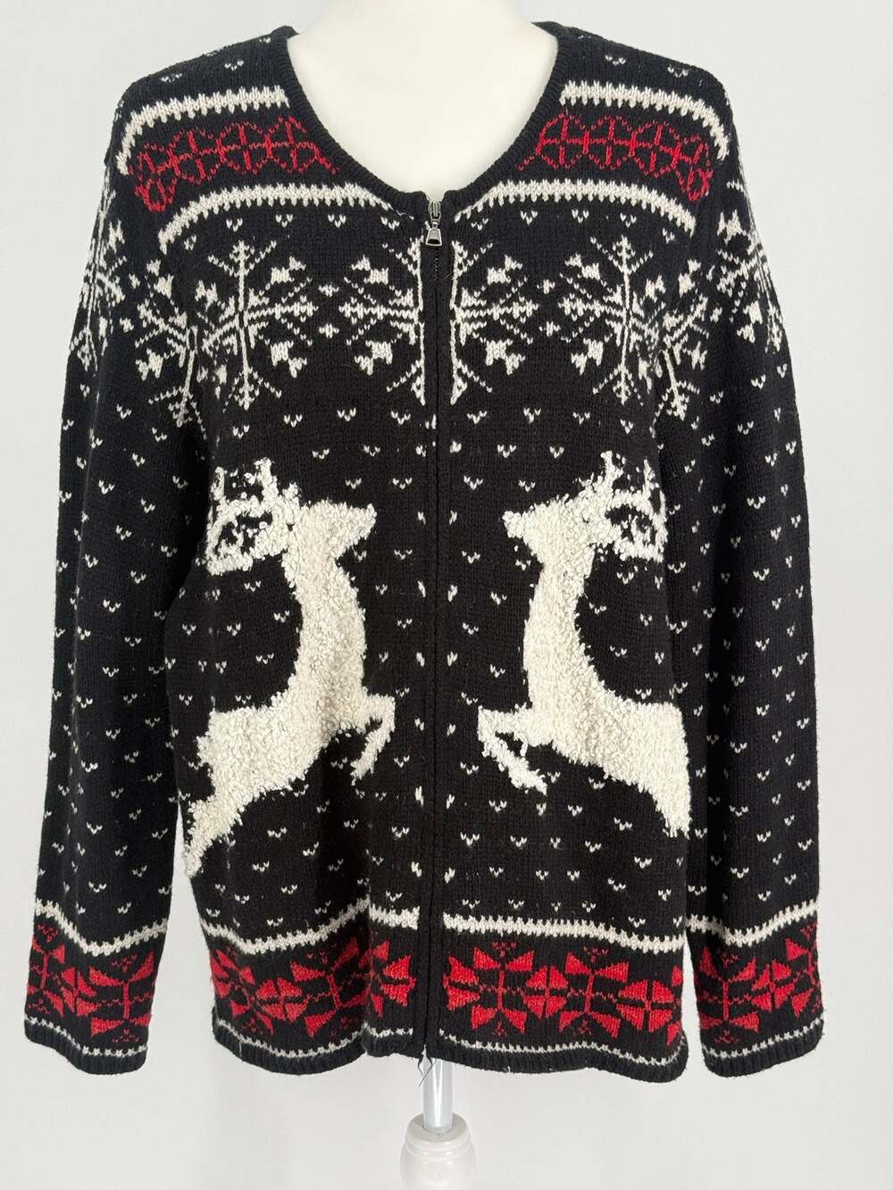 J Jill Fair Isle Reindeer Snowflake Zip Cardigan Black Red Wool Blend M
